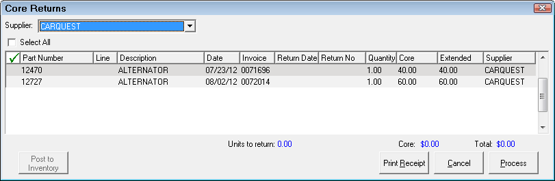 The Core Returns window for one supplier.