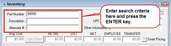 The Inventory window in search mode with the search criteria circled.