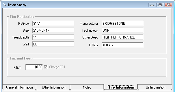 The Tire Information Tab.