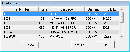 the Parts List displaying matching parts.