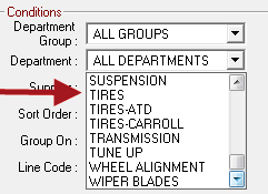 The Inventory List report selected with the Department dropdown list expanded.