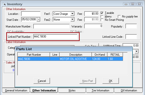 The parts list window over the inventory window.