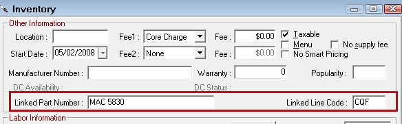 The Linked Part Number and Linked Line Code fields circled.