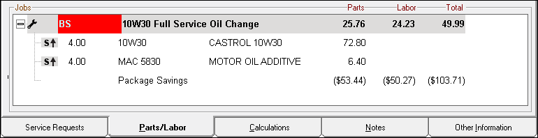 The linked parts added to the jobs section of the parts/labor tab.