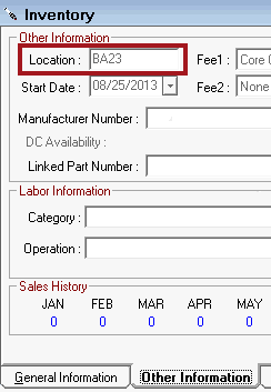 Bin location on the Other Information tab of the inventory record.