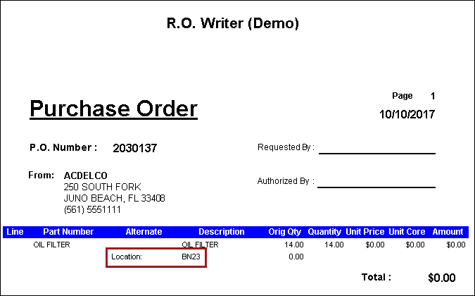 The bin location on the printed purchase order.