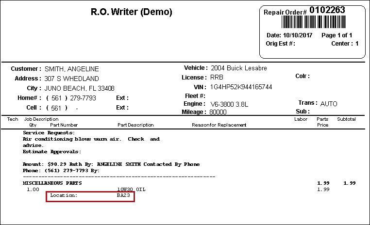The bin location on the printed reapir order.