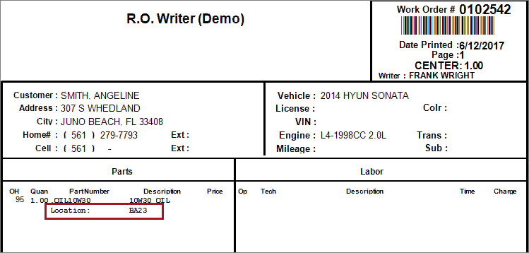 The bin location on the printed work order.