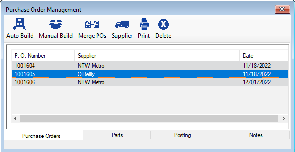 The Purchase Order Management window showing the Purchase Orders tab.