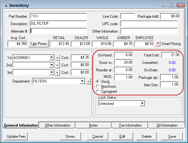 The stock information section circled on the General Information tab of an inventory record.