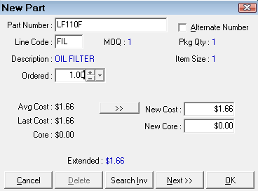 The New Part window showing the order details.