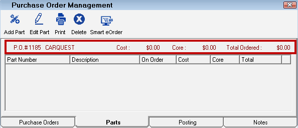 The Parts tab for the supplier with no parts.