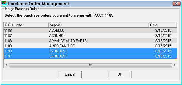 The Merge Purchase Orders window.