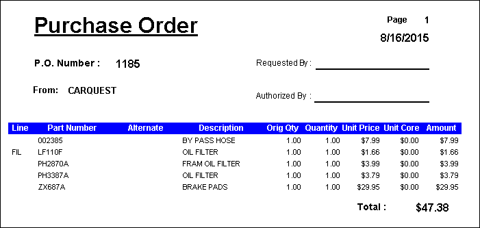 A printed purchase order.