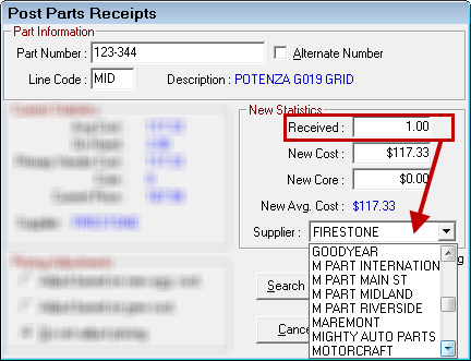 Changing suppliers on the Post Parts Receipts window.