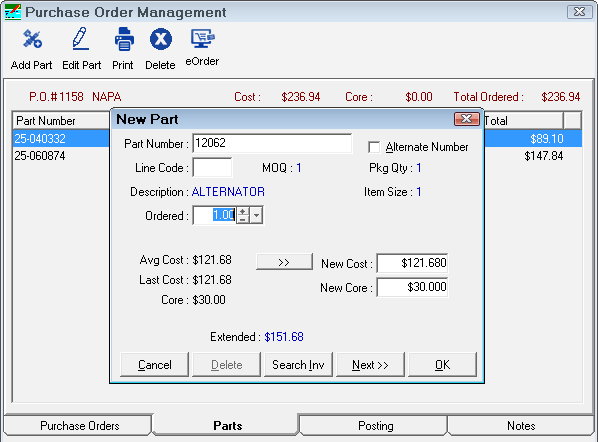 Adding a new part on the parts tab.