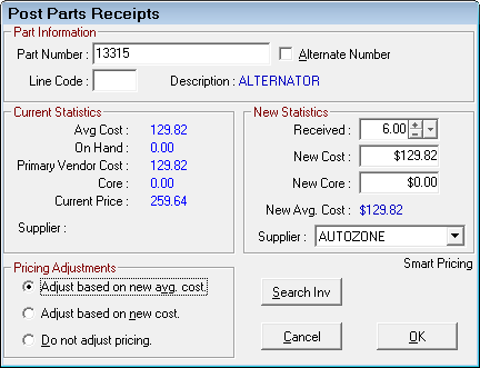 The Post Parts Receipts window.