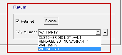The Editing Parts window with the Returns section circled.
