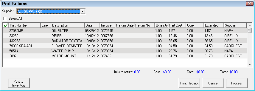 The Part Returns List with all suppliers selected.