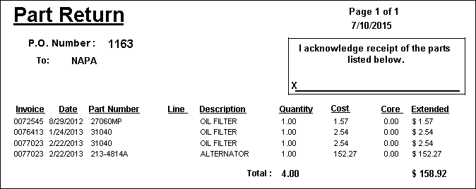 The parts return receipt.