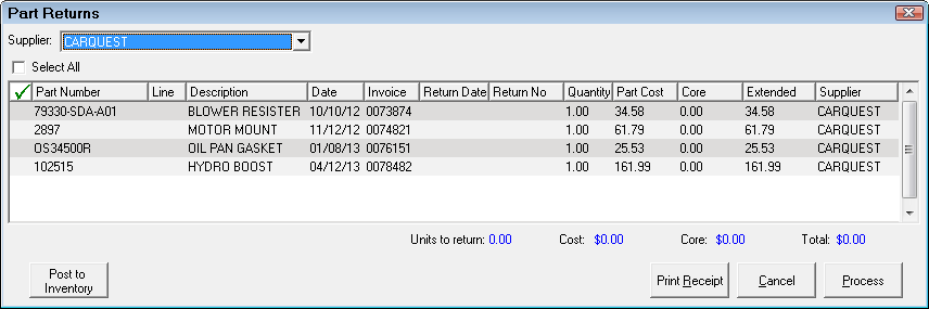 The Part Returns List with one supplier selected