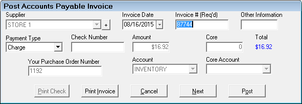 The post accounts payable invoice window.