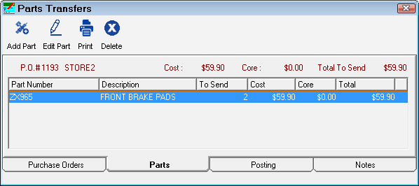 The parts tab for the outgoing transfer.