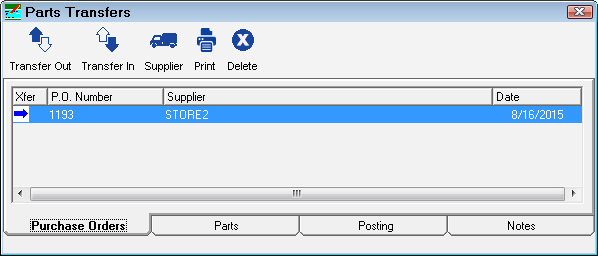 The purchase orders tab for the outgoing transfer.