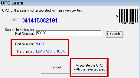 The found part information on the UPC Learn window.