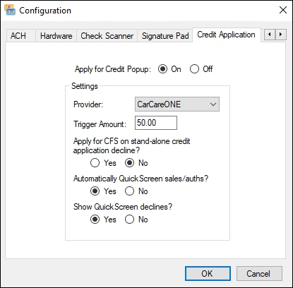 CarCareONE selected on the Credit Application tab.