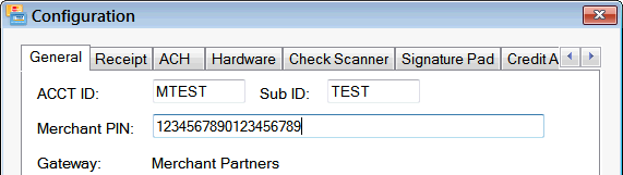 The ACCT ID, Sub ID, and Merchant PIN fields completed.