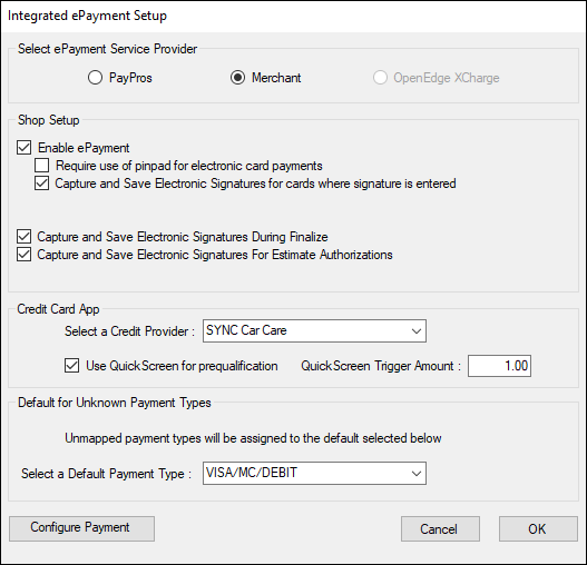 The electronic payment setup window for Merchant.