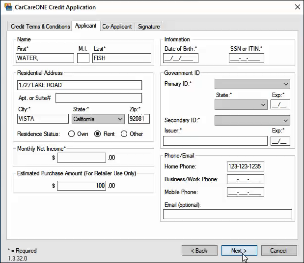 The Applicant tab with customer information from the ticket.