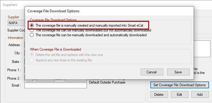 The coverage file download set to manual for the NAPA supplier.