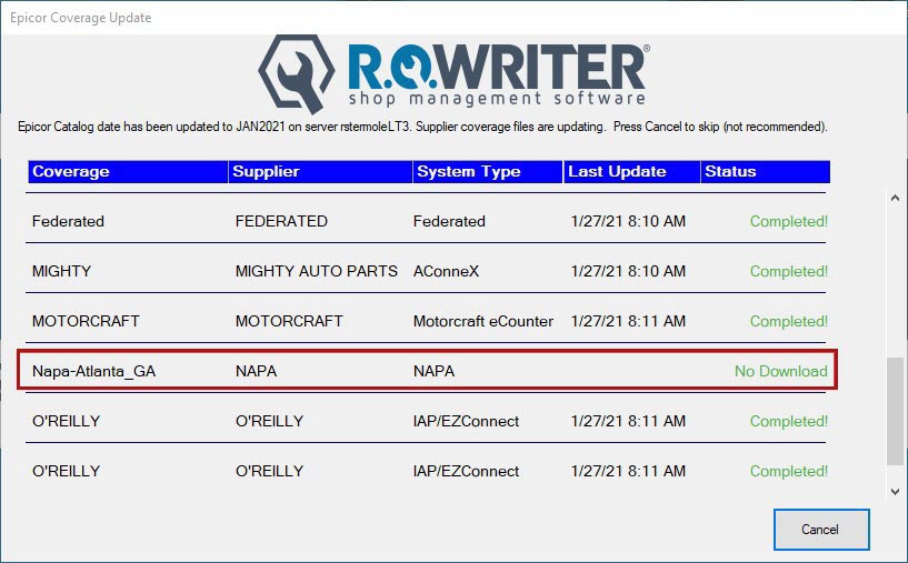 The Epicor Coverage Update window showing that the NAPA supplier is set to No Download.