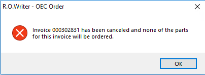 The pop up window displaying the message that the invoice has been canceled.