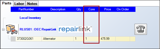 OEC dealer parts on the Parts tab showing a 1 in the Core column.