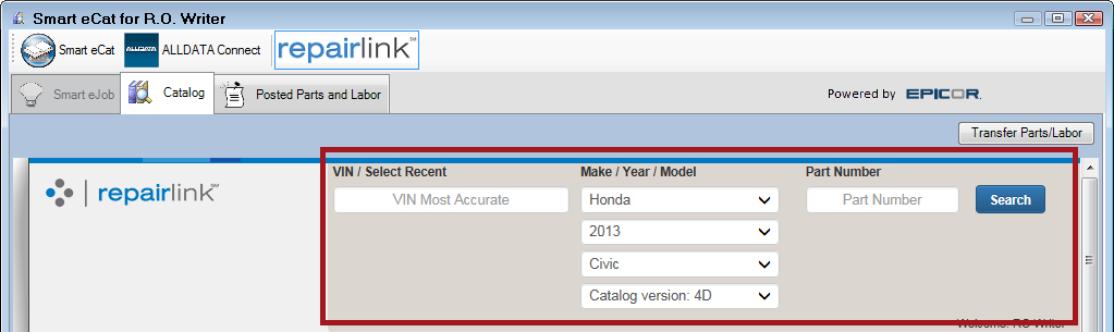 The vehicle selection tool on the OEC RepairLink window.