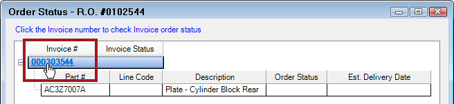 The Order Status window with the pointer selecting the hyperlink in the Invoice # column.