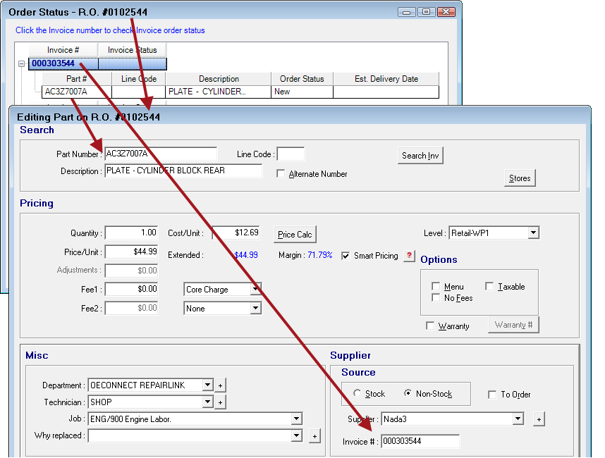 The Order Status and Editing Parts windows showing the same values for the order.