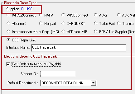 The electronic ordering interface window showing the OEC dealer. 