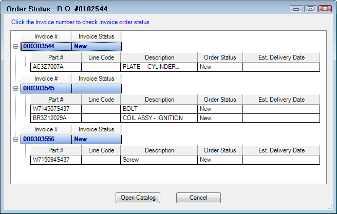 The Order Status window showing multiple invoices and parts.