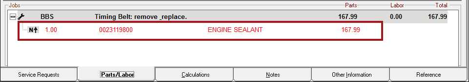 The posted part in the Jobs section on the Parts/Labor tab