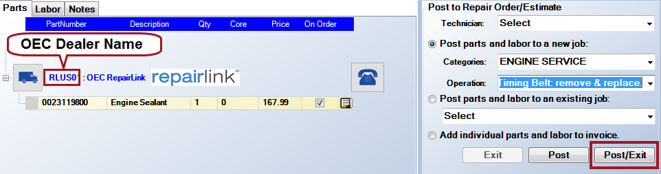 The dealer part on the Parts tab of the posted parts and labor tab with the dealer code circled.
