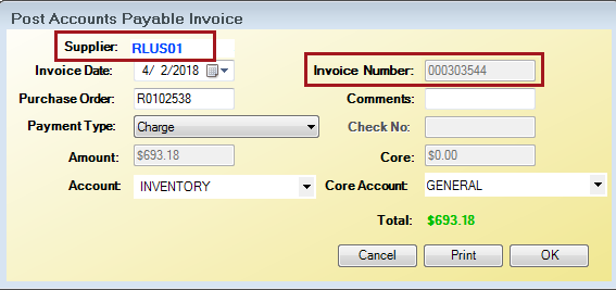 The Post Accounts Payable Invoice window with the OEC dealer as the supplier and the invoice number entered.