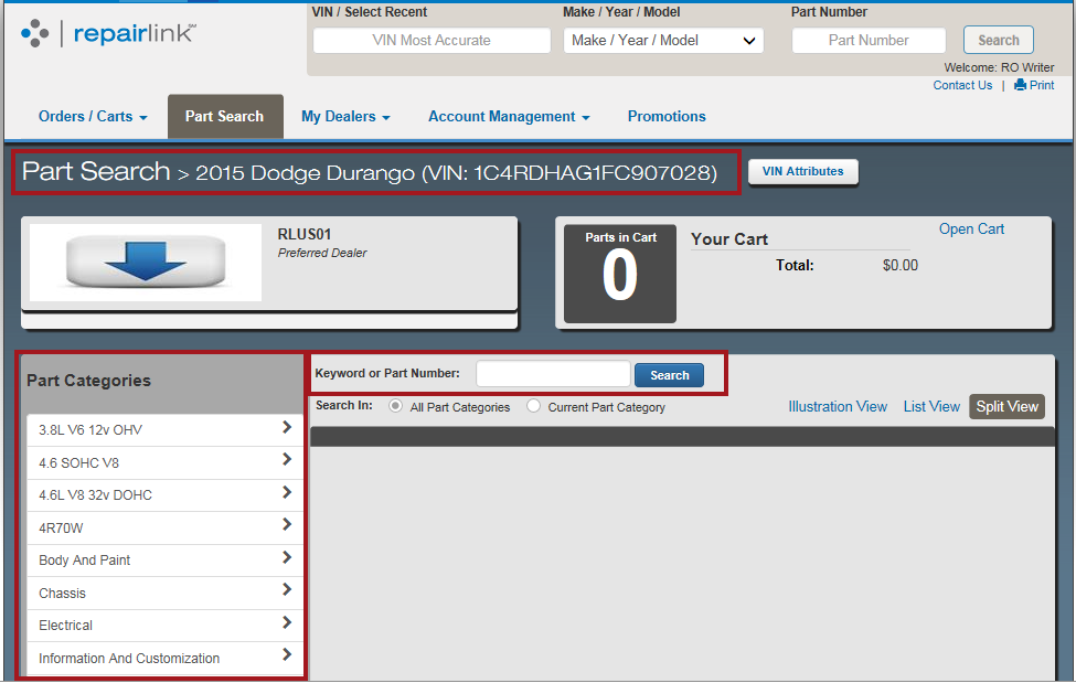 The OEC RepairLink window with the vehicle information and the part search categories and keyword search field circled.
