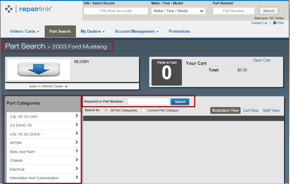 The OEC RepairLink window with the Part Categories circled.