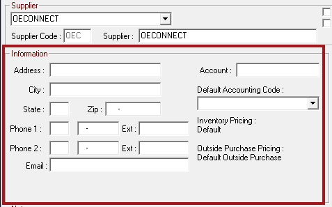 OEConnect selected as the Supplier and the Information section circled.