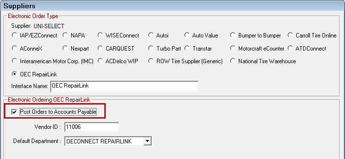 The electronic ordering interface window with OEC RepairLink selected and the Post to AP option selected and circled.