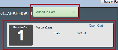 The OEC RepairLink window after a part has been added to the RepairLink shopping cart.